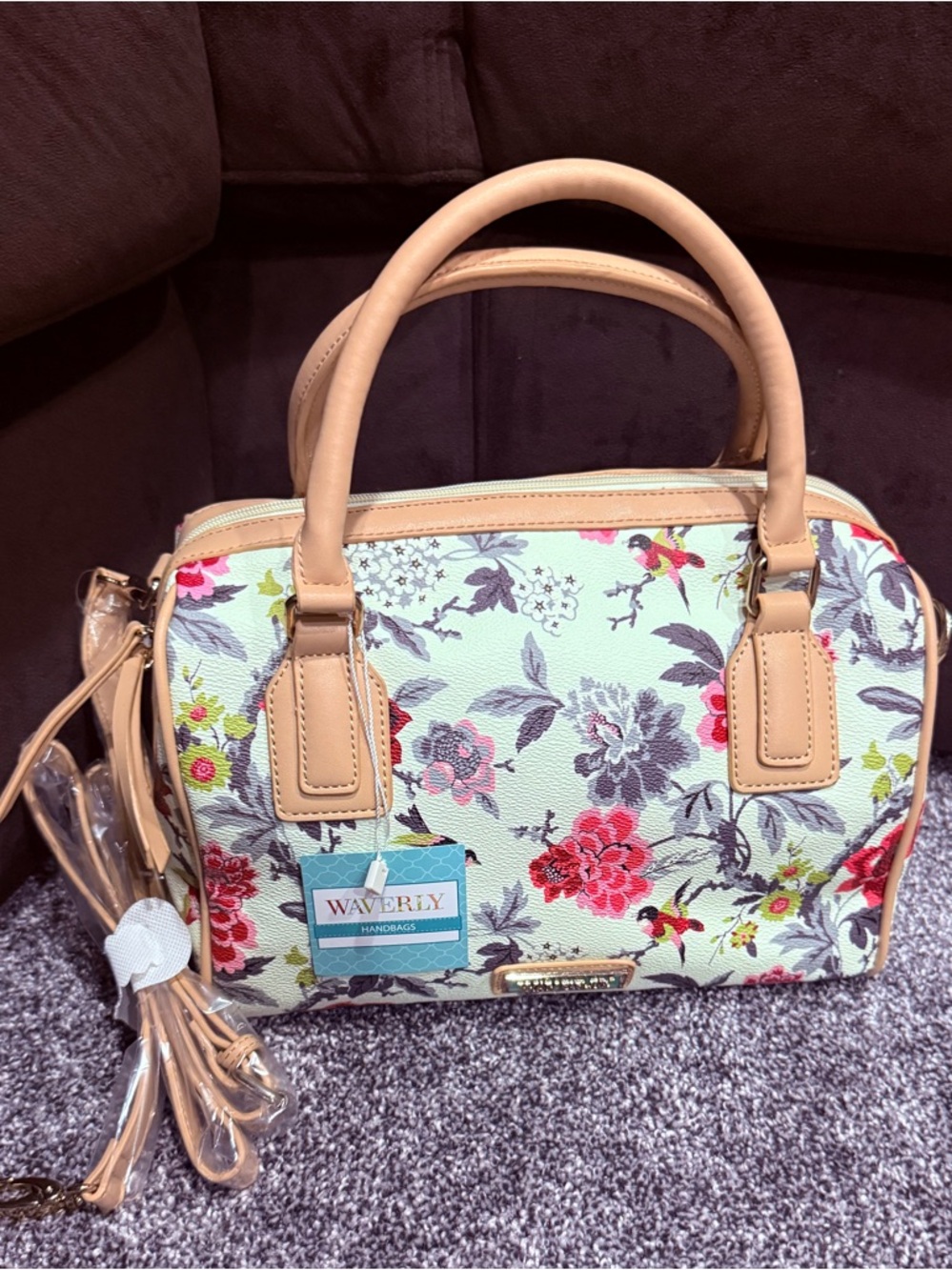 Waverly Light Blue Floral Satchel Top Handle Tan Purse New With Tags *DEFECT*
